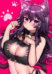  1girl absurdres ahoge animal_ears bell bell_choker black_choker blush breasts cat_ears cat_lingerie cat_tail choker closed_mouth eyebrows_visible_through_hair hands_up highres jingle_bell large_breasts long_hair looking_at_viewer meme_attire navel original osiimi paw_pose paw_print purple_hair red_background solo tail upper_body 