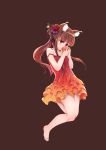  1girl absurdres animal_ears apple bare_legs barefoot black_background brown_hair c_(pixiv3064042) commentary_request dress floating floating_hair flower food fruit hair_flower hair_ornament highres holding holding_fruit holo kanzashi legs long_hair red_dress red_eyes simple_background solo spice_and_wolf strap_slip wolf_ears 