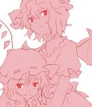  bangs bat_wings bow closed_mouth eyebrows_visible_through_hair flandre_scarlet hair_between_eyes hands_on_own_cheeks hands_on_own_face hat hat_bow looking_at_viewer miyo_(ranthath) mob_cap remilia_scarlet short_hair short_sleeves simple_background smile spot_color touhou white_background wings 
