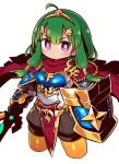  1girl ahoge blush breasts chibi closed_mouth eyebrows_visible_through_hair full_body green_hair holding holding_shield holding_sword holding_weapon long_hair looking_at_viewer medium_breasts naga_u sekaiju_no_meikyuu sekaiju_no_meikyuu_x shield solo sword twintails violet_eyes weapon 