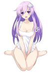  1girl :d apron bare_shoulders between_legs blush breasts cleavage commentary commentary_request d-pad d-pad_hair_ornament full_body hair_between_eyes hair_ornament hand_between_legs iwasi-r long_hair looking_at_viewer medium_breasts naked_apron nepgear neptune_(series) off_shoulder open_mouth purple_hair seiza simple_background sitting smile solo violet_eyes white_apron white_background 