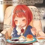  1girl ^_^ alternate_costume ark_royal_(kantai_collection) closed_eyes colored_pencil_(medium) commentary_request dated food hairband kantai_collection kirisawa_juuzou long_sleeves numbered redhead short_hair smile solo tiara traditional_media translation_request twitter_username 