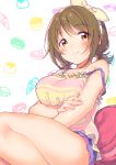  1girl bangs bare_shoulders blue_shorts blush breasts brown_eyes brown_hair cake camisole cookie cupcake doughnut eyebrows_visible_through_hair food fuji_fujino hair_ribbon hairband highres hips ice_cream_cone idolmaster idolmaster_cinderella_girls idolmaster_cinderella_girls_starlight_stage large_breasts lotion low_twintails macaron mimura_kanako pancake pillow plump pudding ribbon short_hair short_twintails shorts sitting smile solo strap_slip striped_camisole swept_bangs thighs twintails white_background 