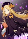  1girl abigail_williams_(fate/grand_order) bangs black_bow black_dress black_hat blonde_hair blue_eyes bow butterfly bxr dress eyebrows_visible_through_hair fate/grand_order fate_(series) forehead hair_bow hat insect long_hair long_sleeves looking_at_viewer object_hug orange_bow parted_bangs parted_lips polka_dot polka_dot_bow sleeves_past_fingers sleeves_past_wrists solo stuffed_animal stuffed_toy teddy_bear very_long_hair 
