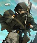  1boy belt black_eyes black_gloves blue_sky brown_hair cloak clouds commentary_request covered_mouth fingerless_gloves gloves gun hair_between_eyes hand_up highres holding holding_gun holding_weapon holster hood hooded_cloak looking_at_viewer male_focus original outdoors pants rifle sky solo weapon yang-do 