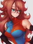  1girl android_21 black-framed_eyewear blue_eyes breasts checkered checkered_dress detached_sleeves dragon_ball dragon_ball_fighterz dress earrings glasses grey_background hair_between_eyes hoop_earrings jewelry kemachiku long_hair looking_to_the_side medium_breasts redhead simple_background solo 