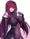  1girl absurdres bangs blush bodysuit breasts covered_navel eyebrows_visible_through_hair fate/grand_order fate_(series) hair_between_eyes highres hips large_breasts long_hair looking_at_viewer lun7732 open_mouth pauldrons purple_bodysuit purple_hair red_eyes scathach_(fate/grand_order) simple_background solo waist white_background 