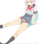  1girl arm_support black_legwear blue_hair blue_panties blue_sailor_collar bow bowtie commentary_request copyright_request feet_out_of_frame long_hair panties red_bow red_neckwear sailor_collar school_uniform serafuku short_sleeves signature sketch smile socks solo underwear wet wet_clothes white_background yang-do 