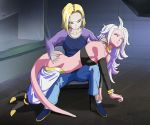 2girls android_18 android_21 anklet ass bare_shoulders bent_over blonde_hair blue_eyes breasts choker cleavage closed_eyes denim detached_sleeves dragon_ball dragon_ball_fighterz dragonball_z earrings eyelashes eyeliner harem_pants highres hoop_earrings jeans jewelry laboratory lavender_hair long_hair long_sleeves majin_android_21 makeup medium_hair messy_hair midriff multiple_girls pants pink_skin punishment spanking tail white_eyebrows window
