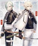  2boys abandon_ranka black_gloves blonde_hair eyes_visible_through_hair gloves green_hair hair_over_one_eye hand_on_own_chest higekiri_(touken_ranbu) highres hizamaru_(touken_ranbu) jacket_on_shoulders katana male_focus multiple_boys open_mouth sheath sheathed smile sword touken_ranbu weapon yellow_eyes 