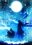  1boy 1girl absurdres asirpa bare_tree blue blurry blurry_foreground breath cape commentary_request depth_of_field full_moon golden_kamuy grass gun harada_miyuki highres holding holding_gun holding_weapon jacket lake monochrome moon night outdoors pants rifle scarf silhouette standing steam sugimoto_saichi tree weapon 