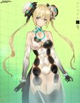  1girl alphago black_gloves blonde_hair breasts character_name closed_mouth commentary_request cowboy_shot dress elbow_gloves gloves google green_background green_eyes headgear large_breasts long_hair looking_at_viewer signature smile solo standing thigh-highs twintails waist_cape wristtband yang-do 