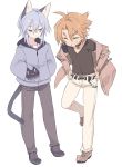  2boys animal_ears belt blade_(galaxist) blue_eyes brown_hair cat_ears cat_tail catboy choker commentary_request eyebrows forked_eyebrows hood hoodie jacket ledo_vassar light_blue_hair male_focus multiple_boys pop-up_story selim_spark simple_background smile standing standing_on_one_leg tail white_background 