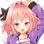  1boy :d animal_hood arm_up astolfo_(fate) bangs bed_sheet black_bow blush bow braid close-up collarbone commentary_request dakimakura dot_nose eyebrows_visible_through_hair fang fate/apocrypha fate_(series) fingernails from_above hair_bow hair_intakes half-closed_eyes hood hood_down hooded_jacket horizontal-striped_shirt horizontal_stripes jacket jewelry lips long_hair long_sleeves looking_at_viewer lying male_focus necklace on_back open_clothes open_jacket open_mouth pendant pink_hair portrait purple_jacket purple_shirt raised_eyebrows shiny shiny_hair shirt shirt_lift single_braid smile solo striped striped_shirt tougetsu_hajime trap violet_eyes 