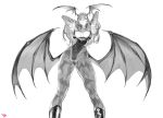  1girl animal_print bat_print breasts demon_girl elbow_gloves feet_out_of_frame from_below gloves gluteal_fold greyscale hands_up head_wings heart_cutout highres large_breasts leotard long_hair looking_at_viewer low_wings monochrome morrigan_aensland pantyhose parted_lips signature simple_background solo spread_wings succubus vampire_(game) white_background wings yang-do 