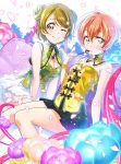  2girls ;) alternate_hairstyle black_skirt breasts brown_hair candy chinese_clothes cleavage cleavage_cutout commentary_request detached_collar double_bun flower food green_eyes hair_between_eyes hair_ornament highres hoshizora_rin koizumi_hanayo lollipop looking_at_viewer love_live! love_live!_school_idol_project miniskirt multiple_girls one_eye_closed orange_hair petals ribbon short_hair sitting skirt sleeveless smile tassel violet_eyes white_skirt yasou0123 yellow_ribbon 