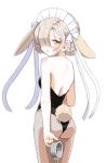  1girl animal_ears ass azur_lane bunny_tail bunnysuit chains commentary_request fishnet_pantyhose fishnets from_behind hair_over_one_eye highres hydrock long_hair looking_at_viewer looking_back maid_headdress pantyhose parted_lips rabbit_ears sheffield_(azur_lane) silver_hair simple_background solo tail white_background yellow_eyes 