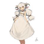  1girl :d animal_ears bare_arms bare_shoulders dress feet_out_of_frame grey_hair highres horns lansane long_hair looking_at_viewer low-tied_long_hair open_mouth original sheep_ears sheep_horns signature simple_background skirt_hold smile solo white_background white_dress yellow_eyes 