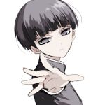  1boy absurdres bangs black_hair black_shirt blunt_bangs commentary eyebrows_visible_through_hair highres kageyama_shigeo looking_at_viewer misteor mob_psycho_100 open_mouth original outstretched_hand shirt short_hair solo violet_eyes white_background 