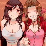  aerith_gainsborough bow braid breasts brown_hair cleavage cropped_jacket dress final_fantasy final_fantasy_vii hair_ribbon large_breasts long_hair multiple_girls pink_bow pink_dress ponytail ribbon single_braid sunagimo_(nagimo) tifa_lockhart 