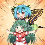  2girls :d animal_ears antennae bangs blue_hair blush brown_eyes butterfly_wings caramell0501 cloud_print collared_shirt commentary_request curly_hair dress emphasis_lines eternity_larva eyebrows_visible_through_hair fang green_eyes green_hair hair_between_eyes horn kariyushi_shirt komano_aun leaf leaf_on_head long_hair multiple_girls open_mouth outstretched_arms print_shirt print_shorts red_shirt shirt short_hair short_sleeves shorts sleeveless sleeveless_dress smile sparkle spread_arms touhou very_long_hair white_shorts wings 