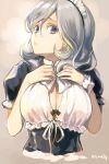  1girl bangs black_bra black_dress blue_eyes bow bow_bra bra bra_peek breasts cleavage closed_mouth commentary_request dress hair_between_eyes hands_on_own_chest hands_up large_breasts long_hair looking_at_viewer maid maid_headdress original puffy_short_sleeves puffy_sleeves short_sleeves sidelocks silver_hair solo twitter_username tyone underwear wrist_cuffs 