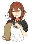  1girl bag brown_eyes brown_hair casual cropped_torso food food_on_face hairband kantai_collection looking_at_viewer paper_bag shiratsuyu_(kantai_collection) short_hair simple_background solo sweet_potato wachi_(hati1186) white_background 
