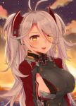  1girl antenna_hair azur_lane clouds cloudy_sky commentary_request hair_ornament highres imomushi_(iimomushii) iron_cross long_hair looking_at_viewer parted_lips prinz_eugen_(azur_lane) silver_hair sky smile solo star_(sky) starry_sky twilight two_side_up 