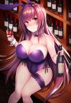  1girl alcohol animal_ears beeyan between_legs blush bottle breasts bunnysuit cleavage collarbone cup detached_collar detached_sleeves drinking_glass drunk fate/grand_order fate_(series) highres holding large_breasts long_hair mature purple_hair rabbit_ears red_eyes revision ribbon scathach_(fate/grand_order) shiny shiny_hair shiny_skin sitting solo thigh-highs very_long_hair wine wine_bottle wine_glass 