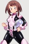  1girl 774_(nanashi) bangs belt blush bodysuit boku_no_hero_academia boots bracer breasts brown_eyes brown_hair clenched_hand cowboy_shot embarrassed grey_background headwear_removed helmet helmet_removed holding impossible_bodysuit impossible_clothes legs_apart looking_at_viewer shiny shiny_clothes short_hair sidelocks simple_background small_breasts solo sweatdrop thigh-highs thigh_boots uraraka_ochako wavy_mouth 