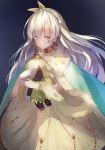  1girl aa44 anastasia_(fate/grand_order) bangs blue_eyes cape crown doll dress fate/grand_order fate_(series) hair_between_eyes hairband highres holding holding_doll long_hair mini_crown royal_robe silver_hair simple_background solo standing very_long_hair white_dress 