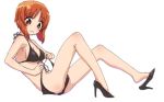  1girl bangs bikini black_bikini black_footwear breasts brown_eyes brown_hair closed_mouth commentary_request eyes_visible_through_hair from_side frown full_body girls_und_panzer high_heels looking_at_viewer medium_breasts monolith_(suibou_souko) nishizumi_miho short_hair side-tie_bikini simple_background sitting solo swimsuit untied untied_bikini white_background 