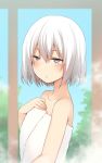  1girl :&lt; bangs blush closed_mouth collarbone commentary_request copyright_request eyebrows_visible_through_hair grey_eyes hair_between_eyes half-closed_eyes hand_on_own_chest hand_up highres looking_at_viewer nagami_yuu naked_towel short_hair silver_hair solo towel 