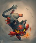  cat cat_focus commentary_request fire gen_7_pokemon highres litten looking_at_viewer no_humans pokemon pokemon_(creature) red_eyes sa-dui signature slit_pupils solo speedpaint standing standing_on_one_leg yellow_sclera 