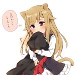  1girl animal_ears black_dress blonde_hair blue_eyes blush cat_ears cat_girl cat_tail covered_mouth dress hair_flaps head_tilt highres holding kemonomimi_mode long_sleeves object_hug princess_(princess_principal) princess_principal shirt simple_background solo sorimachi-doufu tail translation_request white_background white_shirt 