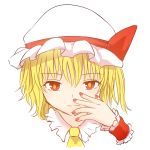  1girl bangs blonde_hair bow brown_eyes closed_mouth eyebrows_visible_through_hair face flandre_scarlet hand_up hat hat_bow looking_at_viewer miyo_(ranthath) mob_cap nail_polish red_bow simple_background solo touhou white_background white_hat 