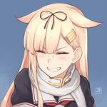  1girl :d black_shirt blonde_hair blue_background blush commentary dan_(kumadan) darling_in_the_franxx dated eyebrows_visible_through_hair facing_viewer grin hair_flaps hair_ornament hairclip kantai_collection long_hair neckerchief open_mouth parody red_neckwear remodel_(kantai_collection) revision scarf school_uniform serafuku shiny shiny_hair shirt signature simple_background single_sidelock smile solo straight_hair teeth upper_body v-shaped_eyebrows white_scarf yuudachi_(kantai_collection) 