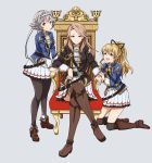  3girls :d belt black_legwear black_ribbon blonde_hair boots brown_eyes brown_footwear brown_hair earrings eyebrows_visible_through_hair granblue_fantasy grey_background hair_between_eyes hair_ribbon hand_holding headband high_heel_boots high_heels high_ponytail highres jewelry kidachi knee_boots kneeling legs_crossed long_hair looking_at_viewer looking_up military military_uniform miniskirt multiple_girls open_mouth pantyhose pleated_skirt ribbon silver_hair simple_background sitting skirt smile standing thigh-highs thigh_boots uniform white_skirt 