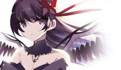  absurdres akuma_homura bare_shoulders breasts cleavage crossed_arms eyebrows_visible_through_hair hair_ribbon highres mahou_shoujo_madoka_magica mahou_shoujo_madoka_magica_movie misteor purple_hair red_ribbon ribbon sketch upper_body violet_eyes white_background wings 