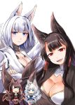  2girls :d akagi_(azur_lane) animal_ears azur_lane black_hair blue_eyes breasts chibi cleavage commentary_request eyeliner fangs fox_ears fox_mask fox_tail hair_tubes japanese_clothes kaga_(azur_lane) kitsune large_breasts long_hair makeup mask mask_on_head multiple_girls multiple_tails open_mouth pleated_skirt red_eyes revision short_hair simple_background skirt smile steed_(steed_enterprise) tail thigh-highs white_background white_hair wide_sleeves zettai_ryouiki 
