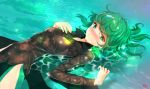  1girl afloat black_dress blush breasts closed_mouth commentary_request dress green_eyes green_hair korean_commentary looking_at_viewer one-punch_man short_hair signature skin_tight small_breasts solo tatsumaki water wet wet_clothes yang-do 