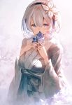  1girl bangs blue_eyes commentary_request covered_mouth flower garuku hair_between_eyes hair_ornament headband japanese_clothes long_sleeves looking_at_viewer oshiro_project oshiro_project_re shikano_(oshiro_project) short_hair silver_hair solo 