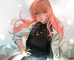  1girl black_shirt blush coat commentary_request copyright_request eyebrows_visible_through_hair jewelry labcoat long_hair looking_at_viewer necklace parted_lips pink_hair shirt signature sleeves_rolled_up solo upper_body white_coat yang-do 