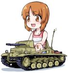  1girl :d bandaid bandaid_on_knee bangs blue_shorts commentary_request driving eyebrows_visible_through_hair full_body girls_und_panzer go_kart ground_vehicle looking_to_the_side military military_vehicle monolith_(suibou_souko) motor_vehicle nishizumi_miho notice_lines open_mouth panzerkampfwagen_ii pink_shirt riding shadow shirt short_hair shorts simple_background sitting smile solo tank tank_top white_background younger 