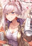  1girl alcohol beer blue_eyes breasts casual cherry_blossoms chopsticks cleavage collarbone earrings fate/grand_order fate_(series) folded_ponytail grin highres hood jacket jewelry ks miyamoto_musashi_(fate/grand_order) smile solo udon 