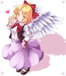  aka_tawashi angel_wings blonde_hair dutch_angle gengetsu hair_ribbon heart highres long_sleeves looking_at_viewer mary_janes red_neckwear red_ribbon ribbon shadow shoes simple_background skirt touhou touhou_(pc-98) vest white_background wings yellow_eyes 