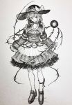  1girl adapted_costume bangs bow choker closed_mouth flower full_body hat hat_bow highres komeiji_koishi looking_at_viewer mashimashi monochrome rose shoes short_hair sleeves_past_fingers smile solo standing third_eye thorns touhou traditional_media 