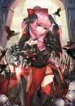  1girl arch baiguiyu banner bird blood boobplate bow breasts cleavage commentary_request crow gauntlets hair_bow hands_on_hilt land_of_caromag large_breasts light_rays looking_at_viewer pelvic_curtain pink_hair planted_sword planted_weapon ponytail red_bow red_eyes skill solo standing sword weapon 