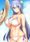  1girl :d azur_lane bikini blue_eyes blue_hair blue_sky body_mahattaya_ginga breasts cleavage clouds cloudy_sky collarbone commentary_request flower hair_flower hair_ornament hat hat_removed headwear_removed holding large_breasts long_hair looking_at_viewer navel open_mouth rodney_(azur_lane) rose sky smile solo sun_hat swimsuit twitter_username under_boob white_bikini 