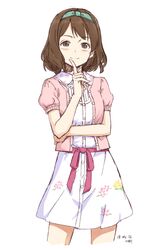  1girl brown_eyes brown_hair closed_mouth cowboy_shot dated dress eyebrows_visible_through_hair finger_to_mouth idolmaster idolmaster_cinderella_girls index_finger_raised jacket kawashina_(momen_silicon) looking_at_viewer nagatomi_hasumi pink_jacket puffy_short_sleeves puffy_sleeves red_ribbon ribbon sash short_hair short_sleeves simple_background smile solo standing tareme unbuttoned white_background white_dress 